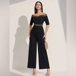 WDIRARA Women's Printed Half Sleeve Off Shoulder High Waist Romper Jumpsuit (M)